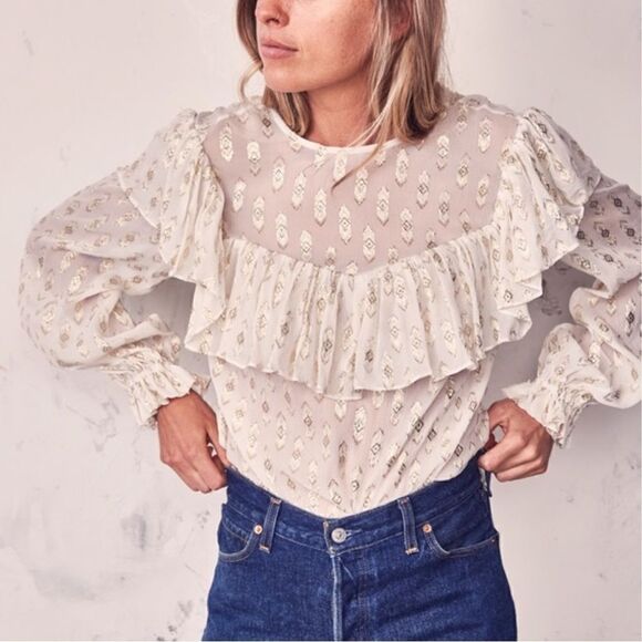 Loveshackfancy ruffle erin top with gold accents size small - Picture 3 of 16